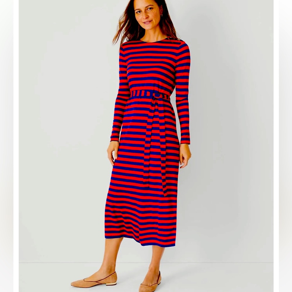 NEW Size S Small Womens Ann Taylor Red/Blue Striped Tie Waist Midi Dress